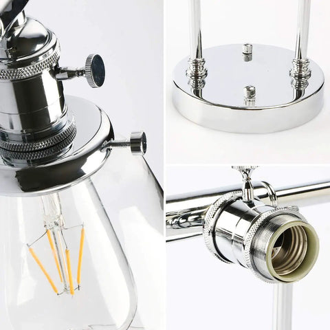 Close-up of Three Light Industrial Wall Sconce With On Off Switch And Clear Glass Shade For A Cool Retro Vibe Vintage Antique Brass Vanity Lighting For Bathroom And Living Room Dimmable When Paired With A Compatible Dimmer Bell Shade Finish showcasing chrome fittings and glass bulb housing.