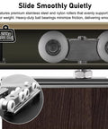 Heavy Gauge Aluminum Sliding Door Hardware Kit With Waterproof Overhead Track Featuring Dead Silent Dual Roller Carriages And Rust Proof Adjusted Rails For Smooth Barn Door Upgrades And No Sweat DIY Setups - close-up of stainless steel and nylon rollers.