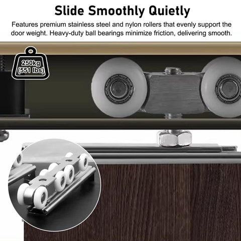 Close-up of Ceiling Mount Pocket Door Rail Kit with silent wheels and aluminum sliding track, 125 cm long, installed view.