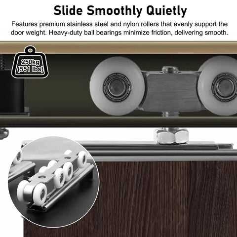 No Sweat Heavy Duty Aluminum Barn Door Hardware Kit Smooth Ride Ceiling Track Rail System With Dual Ball Bearing Rollers close-up of nylon rollers on track.