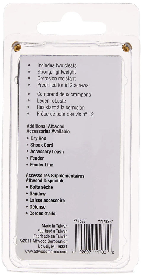 Back packaging of Nylon Dock Cleats showing product details like predrilled for #12 screws, corrosion resistance, in English and French.