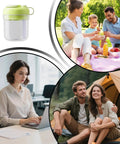 Collage of a 2 In 1 Ice Bottle Portable Ice Maker Hydration Gear With Leakproof Seal, family picnic, woman at work, and camping scene.