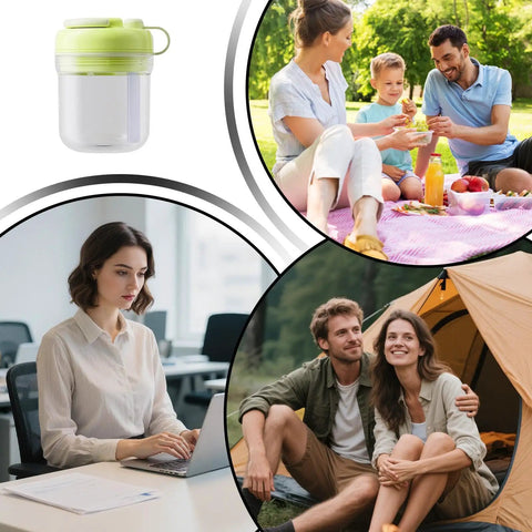 Collage of a 2 In 1 Ice Bottle Portable Ice Maker Hydration Gear With Leakproof Seal, family picnic, woman at work, and camping scene.