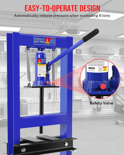 Beast 6 Ton Hydraulic Shop Press With Adjustable Height And H Frame Bearing And U Joint Adapter Heavy Duty Metalworking Tool For Auto Repairs Bending Straightening Installations And Press Fits blue steel frame with safety valve