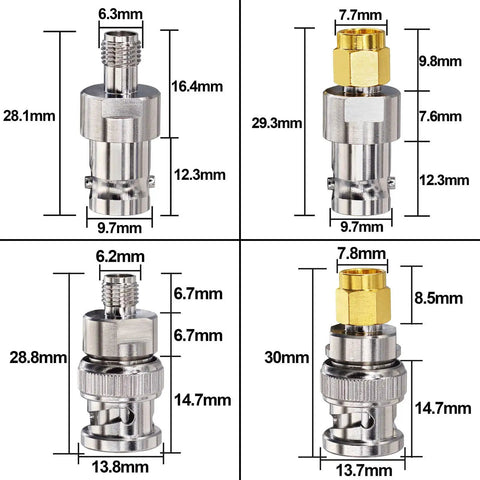 BNC to SMA Coax Adapter for Baofeng UV-5R Ham Radio with dimensions, showing metal connectors and precise sizing for secure fit.