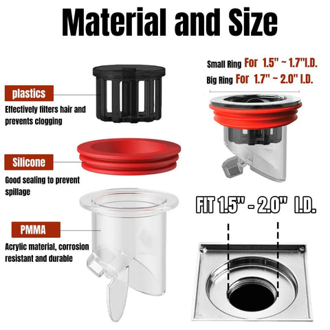 Odor Proof Floor Drain With Anti Odor Shield for Bathrooms and Kitchens, ABS and silicone debris catcher, fits 1.5 to 2 inch pipes
