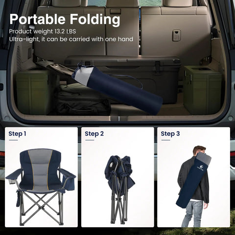 Beefy Oversized Camping Folding Chair With Cup Holder And Cooler Bag Heavy Duty Outdoor Lawn Chair Supports Up To 450 Lbs 2 Pack Rugged Blue