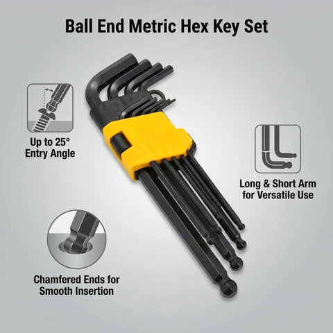 Premium Metric Allen Wrench Set Features Ball End Long Arm Hex Keys With Smooth Chamfered Tips For Tight Spaces And Quick Insertion In 9 Piece Tool Kit, 9-piece set in holder