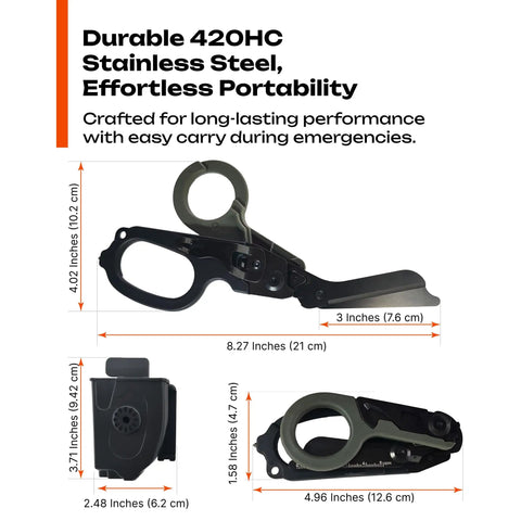 Six In One Foldable Trauma Shears Tactical Rescue Scissors For Emergency Response With Seat Belt Cutter Glass Breaker Ring Cutter Oxygen Tank Wrench And More Grab And Go Everyday Carry Ready, 420HC stainless steel, 8.27 inches