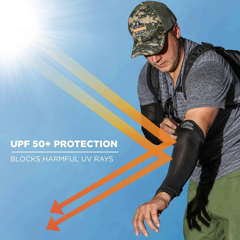 Man wearing 6690 Cooling Arm Sleeves With Performance Knit Lime XX Large Pair demonstrating UV 50+ protection outdoors.