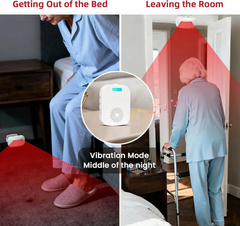 Bed Alarm System For Wandering Seniors And Dementia Patients Portable Pager With Wireless Motion Sensor Silent Vibration Alerts And Fall Prevention Room Monitor For Home Health Care shows senior leaving bed and room