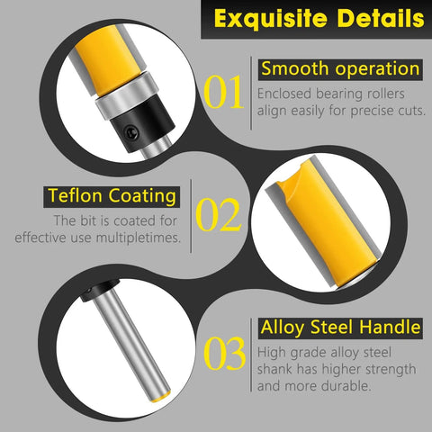 Four Piece Flush Trim Router Bit Set With One Quarter Inch Shank And Top Bearing showing features like Teflon coating and alloy steel handle.