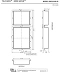Technical drawing of All-In-One Niche With Double Recessed Shower Shelves, 34 Inch High By 16 Inch Wide, black finish dimensions.