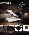 15x15 Inch Digital Sublimation Heat Press Machine Industrial Grade T Shirt Printer 1400W with open top, pressure control and temperature settings.