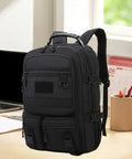 Rugged Hiking Backpack For Outdoor Adventures And Weekend Trips, black daypack with multiple pockets on a desk, all-weather durable