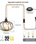 Industrial Pendant Light With Crystal Elements And Plug In Cord, 16.4Ft Hemp Rope Hanging Lamp In Black Cage, size details shown.