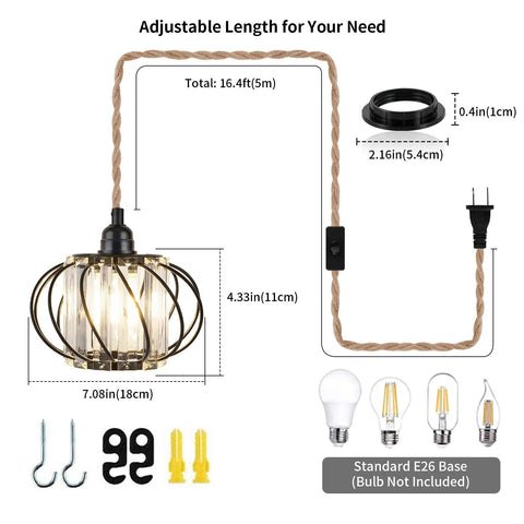 Industrial Pendant Light With Crystal Elements And Plug In Cord, 16.4Ft Hemp Rope Hanging Lamp In Black Cage, size details shown.