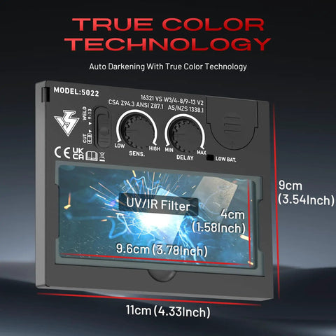 Auto Darkening Welding Helmet With Solar Power 2 Arc Sensors Wide Shade Range 3 To 4 8 To 9 13 True Color Technology Display