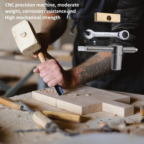 Carpenter using Two Pack Bench Dog Clamps For 20mm Holes Adjustable Desktop Vise Clips For Woodworking Benches DIY Joinery Tool Silver Carpenter Fixtures You Can Trust For Stable Precise Setups And Quick Positioning on wooden board with hammer.