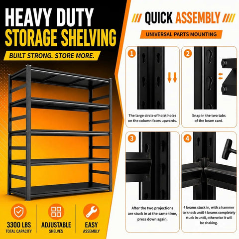 Heavy Duty Garage Shelving System With Boltless Adjustable Five Tier Steel Storage Racks, 660 Lbs Per Shelf Capacity, Built Tough Industrial Metal Shelves For Tools, Gear, And Big Garage Organization, black steel rack
