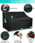 All Weather Waterproof Patio Sofa Cover For 3-Seater Outdoor Couch with key features like padded handle, air vent, and straps.