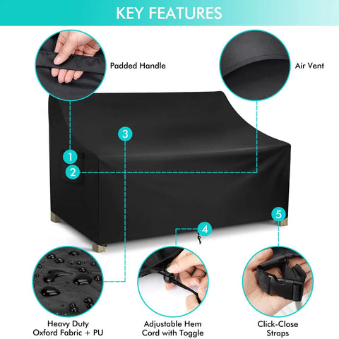 All Weather Waterproof Patio Sofa Cover For 3-Seater Outdoor Couch with key features like padded handle, air vent, and straps.