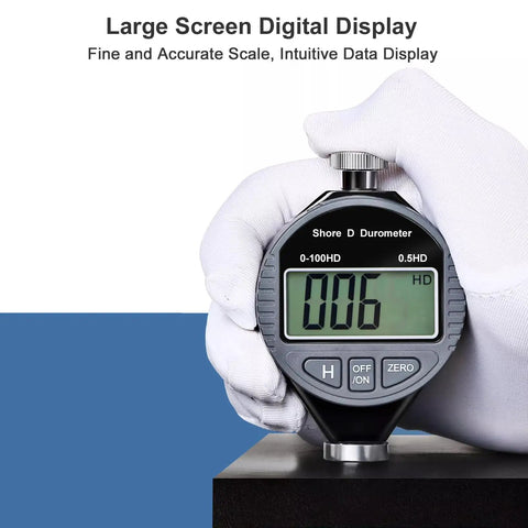Digital Shore Type D Durometer Hardness Tester 0-100HD With 0.1HD Resolution Top Notch Gauge For Rubber Plastic Leather Tires And Wax Easy Read Digital Display Rugged Handheld Analyzer, gloved hand holding tester on block