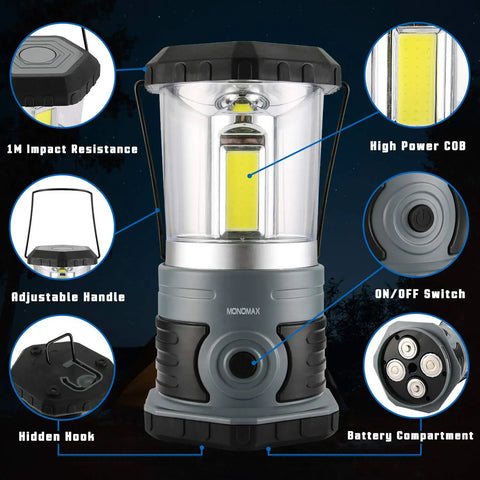 Beast 1500 Lumen LED Camping Lantern With 4 D Batteries Included, featuring handle, hook, high power COB, and ON/OFF switch