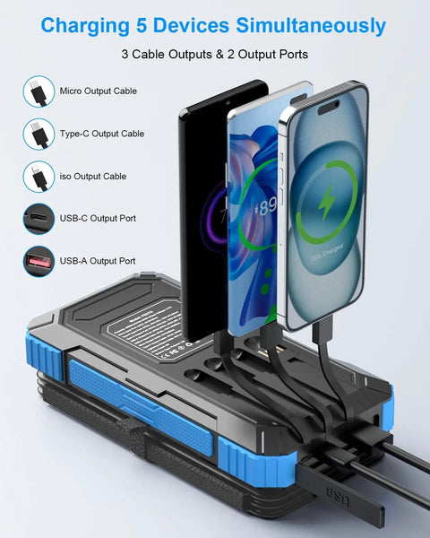 All-In-One Solar Power Bank 49800mAh With 4 Built-In Cables And 3 Foldable Panels, charging 5 devices simultaneously, 22.5W PD Fast Portable Charger, USB C In And Out, Flashlight, for Outdoor Camping And Adventures