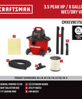 6 Gallon Wet Dry Shop Vacuum With 3.5 Peak HP Power, components spread out including hose, filters, and attachments
