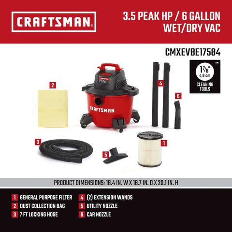 6 Gallon Wet Dry Shop Vacuum With 3.5 Peak HP Power, components spread out including hose, filters, and attachments