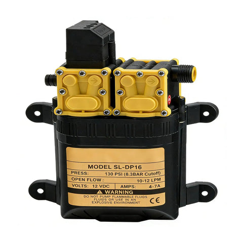 12V High Pressure Dual Core Pump With 130 PSI And 8 Liters Per Minute Flow self priming, black and yellow model SL-DP16