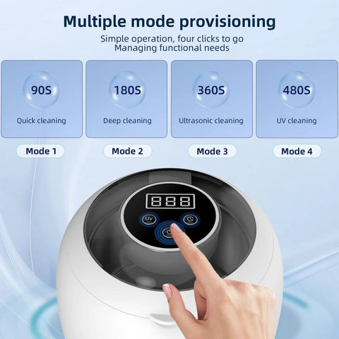 Touch controls on Cordless Ultrasonic Retainer Cleaner with 48kHz Vibration, 210ml Tank, 6 UV Lamps, digital timer shown