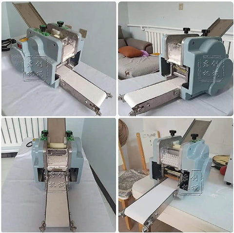 Heavy Duty Electric Dumpling Wrapper Press Maker 140W Motor Cranks Out 60 Skins Per Minute with nonstick hopper features.