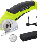 Wisyok Cordless Electric Scissors With 4.2V Rechargeable Battery and dual blades, featuring a bright green grip and accessories.