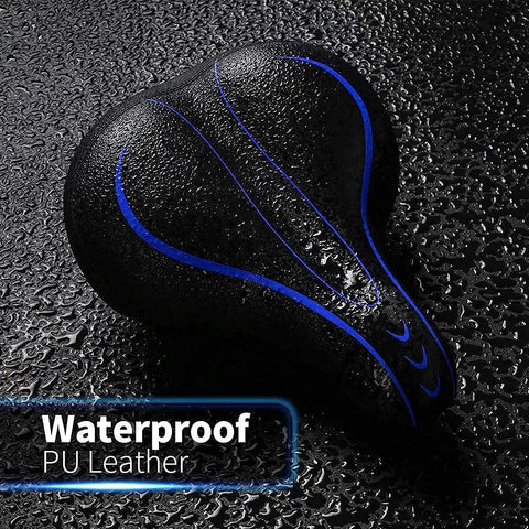 Oversized Comfy Bike Seat With Extra Padding And Memory Foam For Men And Women Universal Replacement Bicycle Saddle Waterproof Leather Blue Tailbone Relief resting on wet surface