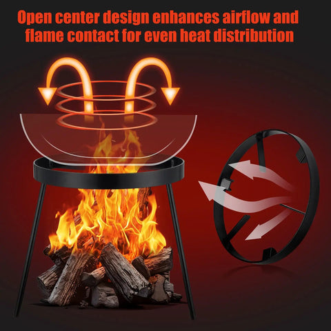 Beefy Campfire Tripod For Cooking Heavy Duty Outdoor Fire Pit Stand with open center design for airflow, supports up to 1500°F flame.