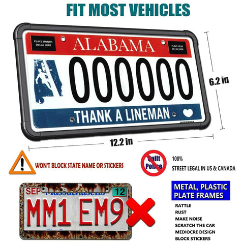 Clear Bubble License Plate Cover With Silicone Frame, Unbreakable Black Plate Protector Kit, dimensions and compatibility displayed.