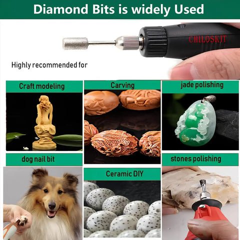 Pro Grade Beast Diamond Grinding Bit Set For Rotary Tools 8mm Head shown in various crafting applications