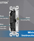 20 Pack Single Pole Decorator Light Switches With Screwless Wall Plates UL Listed 15A 120 To 277V Easy Install Quick Push In Or Side Wiring Gloss Finish Wall Plates Included For 12 AWG Terminal Screws And 14 AWG Solid. Wiring diagram showing brass, silver, and green terminals