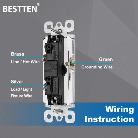 20 Pack Single Pole Decorator Light Switches With Screwless Wall Plates UL Listed 15A 120 To 277V Easy Install Quick Push In Or Side Wiring Gloss Finish Wall Plates Included For 12 AWG Terminal Screws And 14 AWG Solid. Wiring diagram showing brass, silver, and green terminals