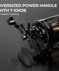Close-up of Rover Round Baitcasting Reel For Right Handed Fishing, heavy duty aluminum side plates and oversized power handle.