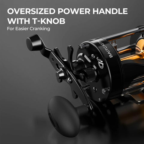 Close-up of Rover Round Baitcasting Reel For Right Handed Fishing, heavy duty aluminum side plates and oversized power handle.