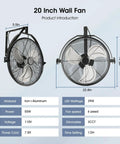 20 Inch Wall Mount Fan With Lights And Dimmable Illumination, 6 Speed High Velocity, 360 Degree Tilt, Industrial Metal Construction