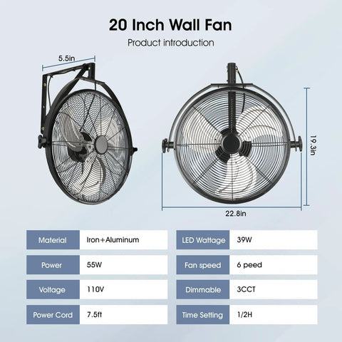 20 Inch Wall Mount Fan With Lights And Dimmable Illumination, 6 Speed High Velocity, 360 Degree Tilt, Industrial Metal Construction