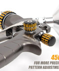 Close-up of Pro Grade HVLP Mini Air Spray Gun For Clearcoat Touch Ups with precision adjustment knobs and stainless steel nozzle.