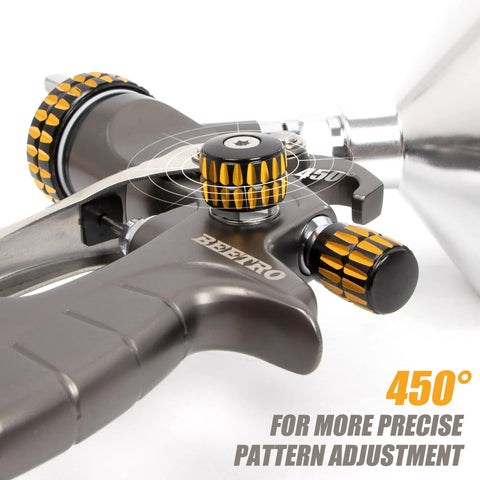 Close-up of Pro Grade HVLP Mini Air Spray Gun For Clearcoat Touch Ups with precision adjustment knobs and stainless steel nozzle.