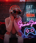 Gamer girl with VR headset and "GamerGirl" neon sign, dimmable neon sign with USB power live on air LED light for bedroom wall.