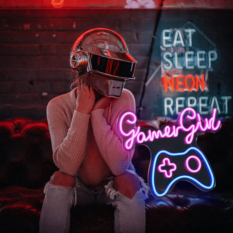 Gamer girl with VR headset and "GamerGirl" neon sign, dimmable neon sign with USB power live on air LED light for bedroom wall.