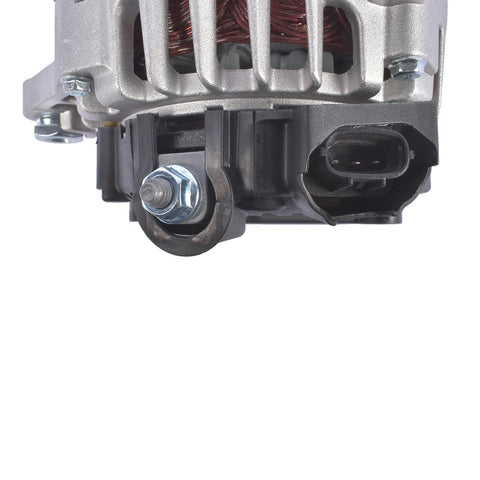 Close-up of Drop In Alternator Replacement For Hyundai Veloster 2013 To 2017 And Kia Soul Forte Koup Forte5 Rio 2012 To 2017 1.6L 110A 12V CW 6 Groove 373002B760 11609 Compatible showing connector and part of housing.